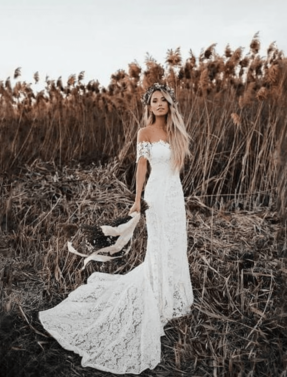 NumberSea - Beach Boho Wedding Dresses Chapel Train Mermaid / Trumpet Short Sleeve Off Shoulder Lace With Appliques Solid Color