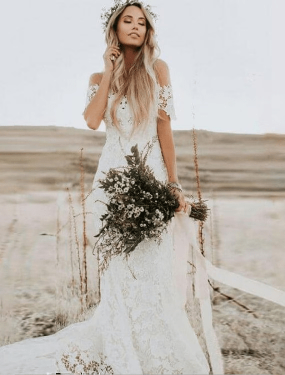 NumberSea - Beach Boho Wedding Dresses Chapel Train Mermaid / Trumpet Short Sleeve Off Shoulder Lace With Appliques Solid Color