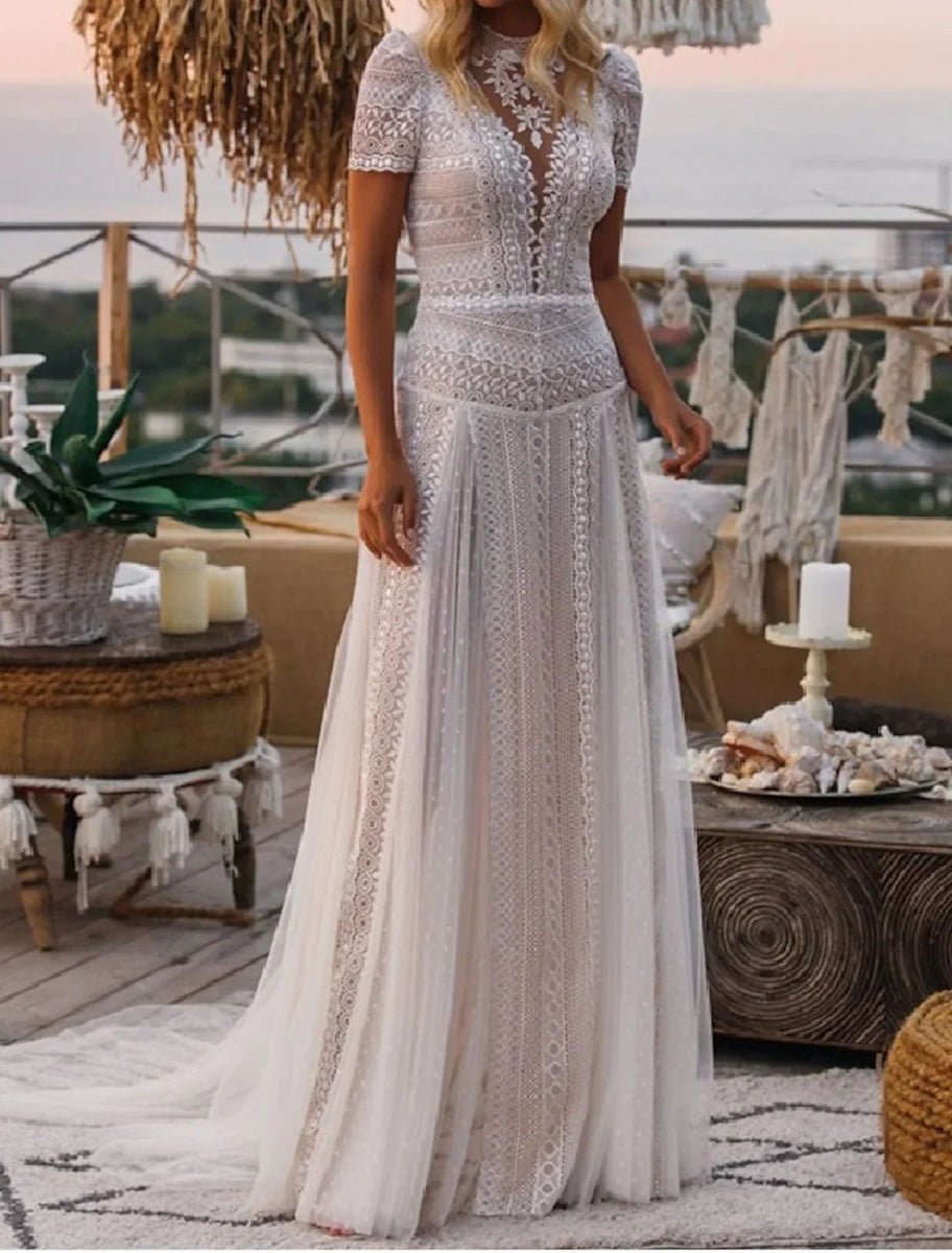 NumberSea - Beach Boho Wedding Dresses Court Train A - Line Short Sleeve High Neck Lace With Appliques