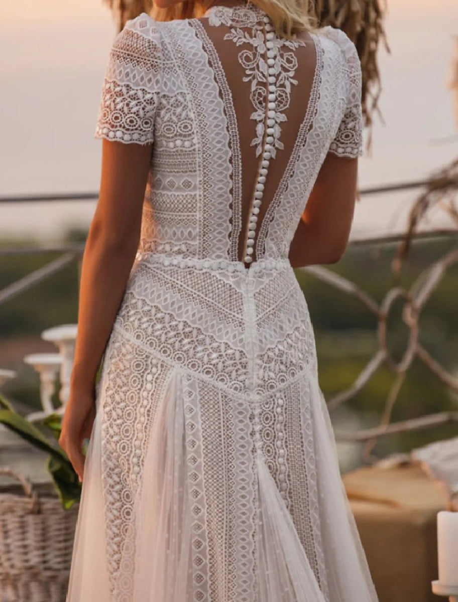 NumberSea - Beach Boho Wedding Dresses Court Train A - Line Short Sleeve High Neck Lace With Appliques