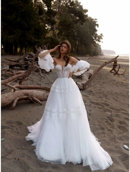 NumberSea - Beach Boho Wedding Dresses Court Train A - Line Short Sleeve Sweetheart Lace With Solid Color