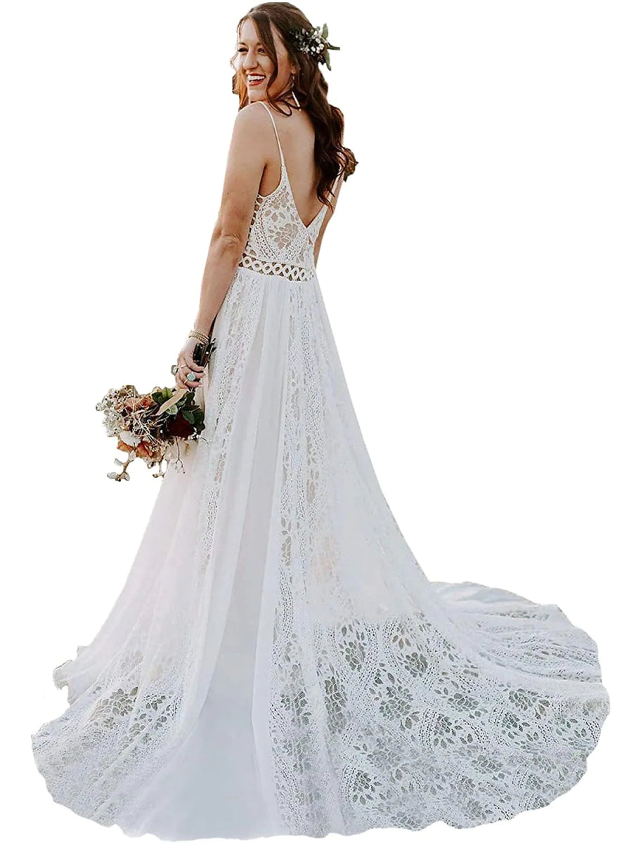 NumberSea - Beach Boho Wedding Dresses Court Train A - Line Sleeveless V Wire Chiffon With Tassel