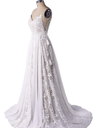 NumberSea - Beach Boho Wedding Dresses Court Train A - Line Sleeveless V Wire Chiffon With Tassel