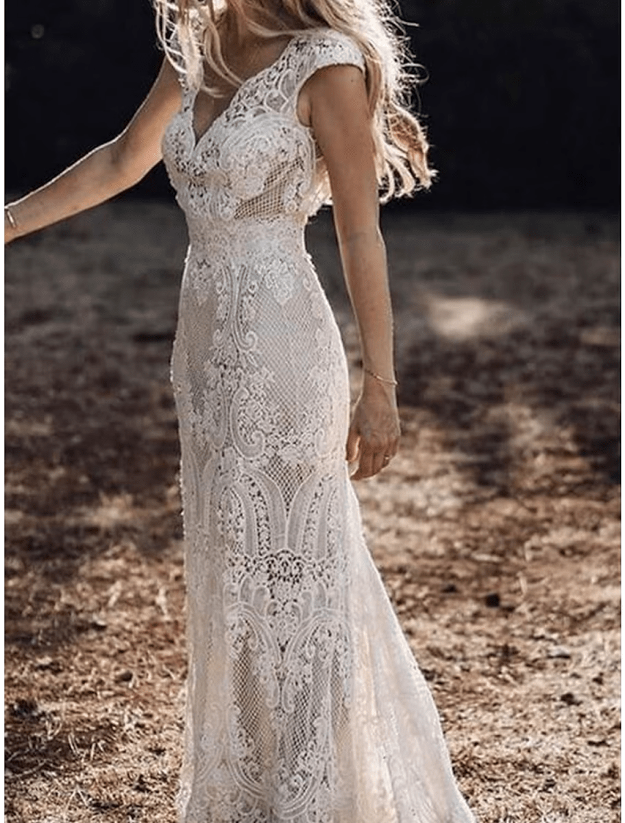 NumberSea - Beach Boho Wedding Dresses Court Train Mermaid / Trumpet Cap Sleeve V Neck Lace With Appliques Solid Color