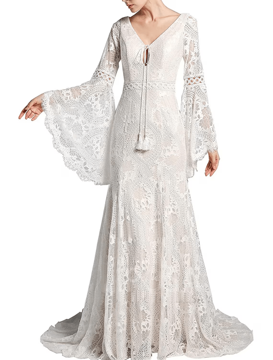 NumberSea - Beach Boho Wedding Dresses Court Train Mermaid / Trumpet Long Sleeve V Wire Lace Bridal Suits With Tassel