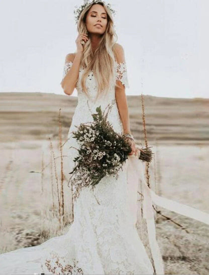 NumberSea - Beach Boho Wedding Dresses Mermaid / Trumpet Off Shoulder Cap Sleeve Chapel Train Lace Bridal Gowns With Appliques Solid Color