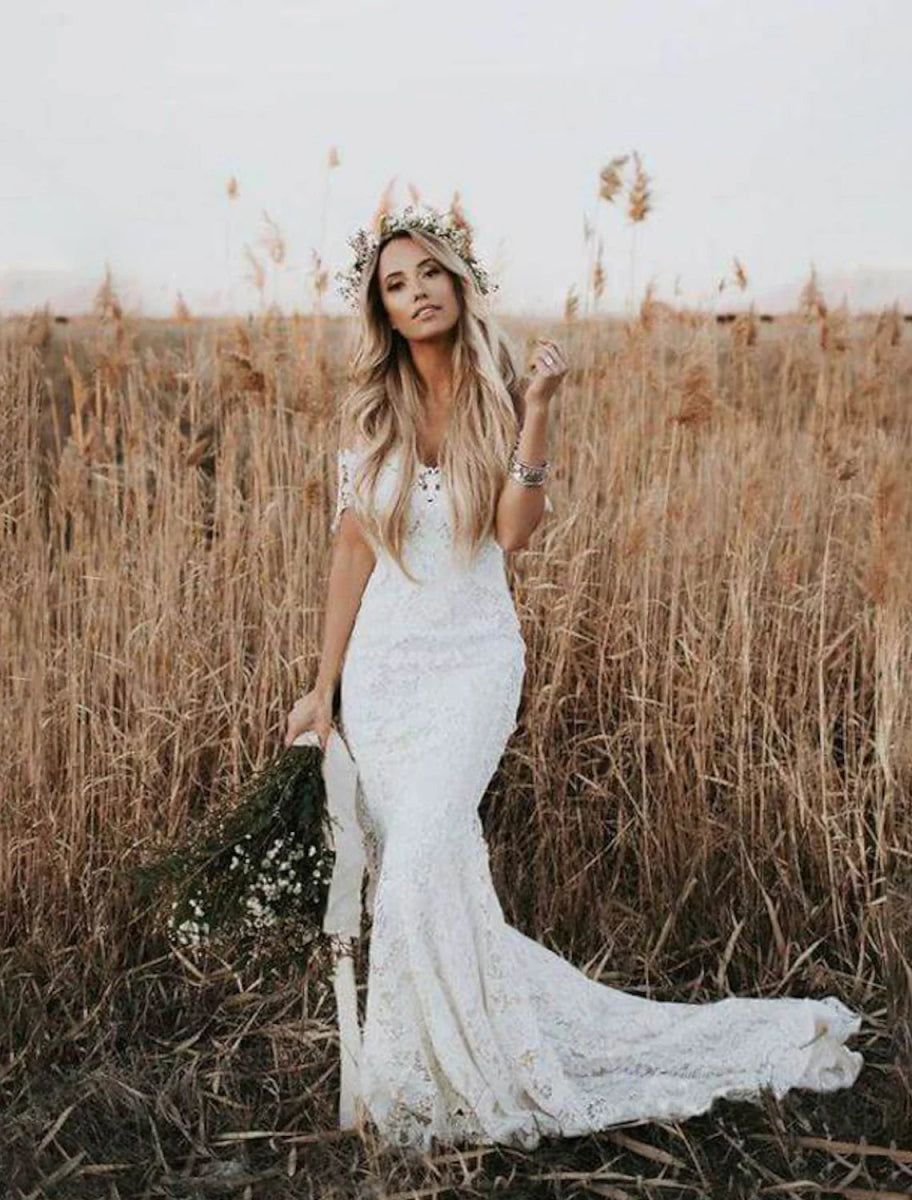 NumberSea - Beach Boho Wedding Dresses Mermaid / Trumpet Off Shoulder Cap Sleeve Chapel Train Lace Bridal Gowns With Appliques Solid Color