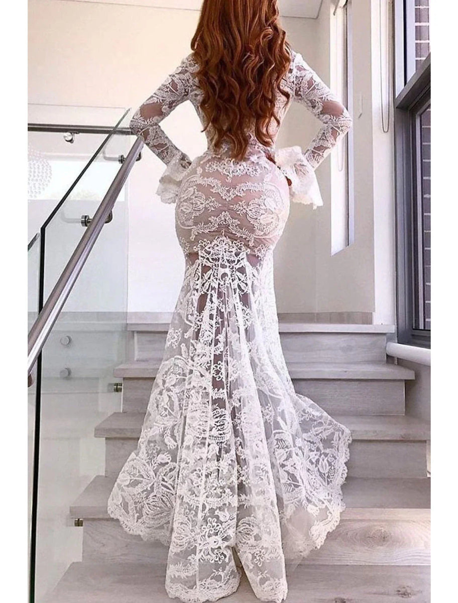 NumberSea - Beach Boho Wedding Dresses Mermaid / Trumpet V Neck Long Sleeve Sweep / Brush Train Lace Bridal Gowns With Appliques Split Front Summer Fall Wedding Party