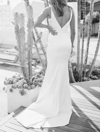 NumberSea - Beach Boho Wedding Dresses Sheath / Column V Neck Sleeveless Court Train Lace Bridal Gowns With Appliques Solid Color