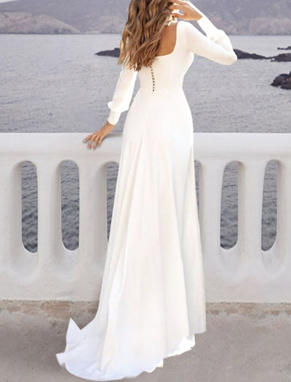 NumberSea - Beach Casual Fall Wedding Dresses A - Line Square Neck Long Sleeve Sweep / Brush Train Chiffon Bridal Gowns With Solid Color