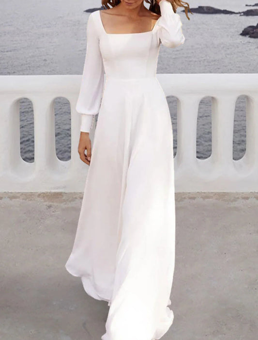 NumberSea - Beach Casual Fall Wedding Dresses A - Line Square Neck Long Sleeve Sweep / Brush Train Chiffon Bridal Gowns With Solid Color