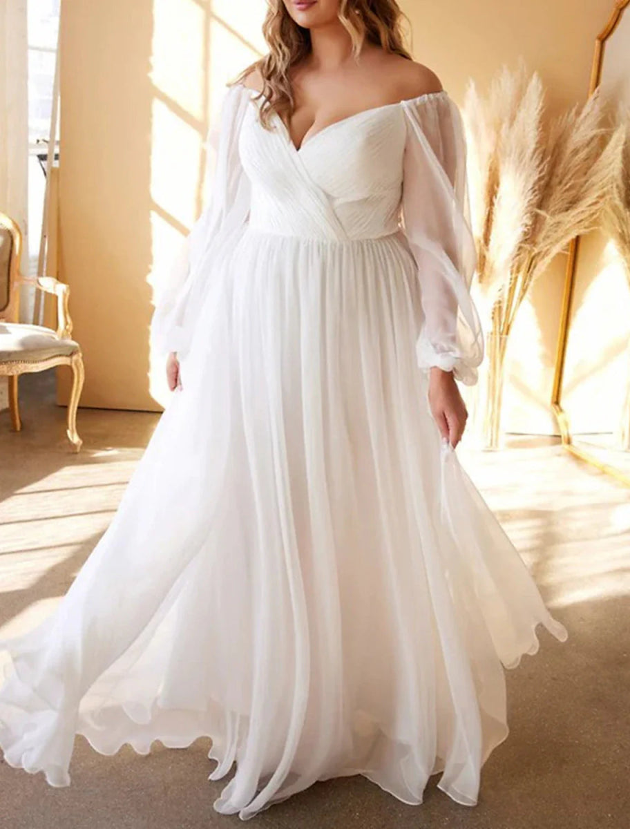 NumberSea - Beach Casual Wedding Dresses A - Line Off Shoulder Long Sleeve Floor Length Chiffon Bridal Gowns With Pleats Solid Color Summer Fall Wedding Party