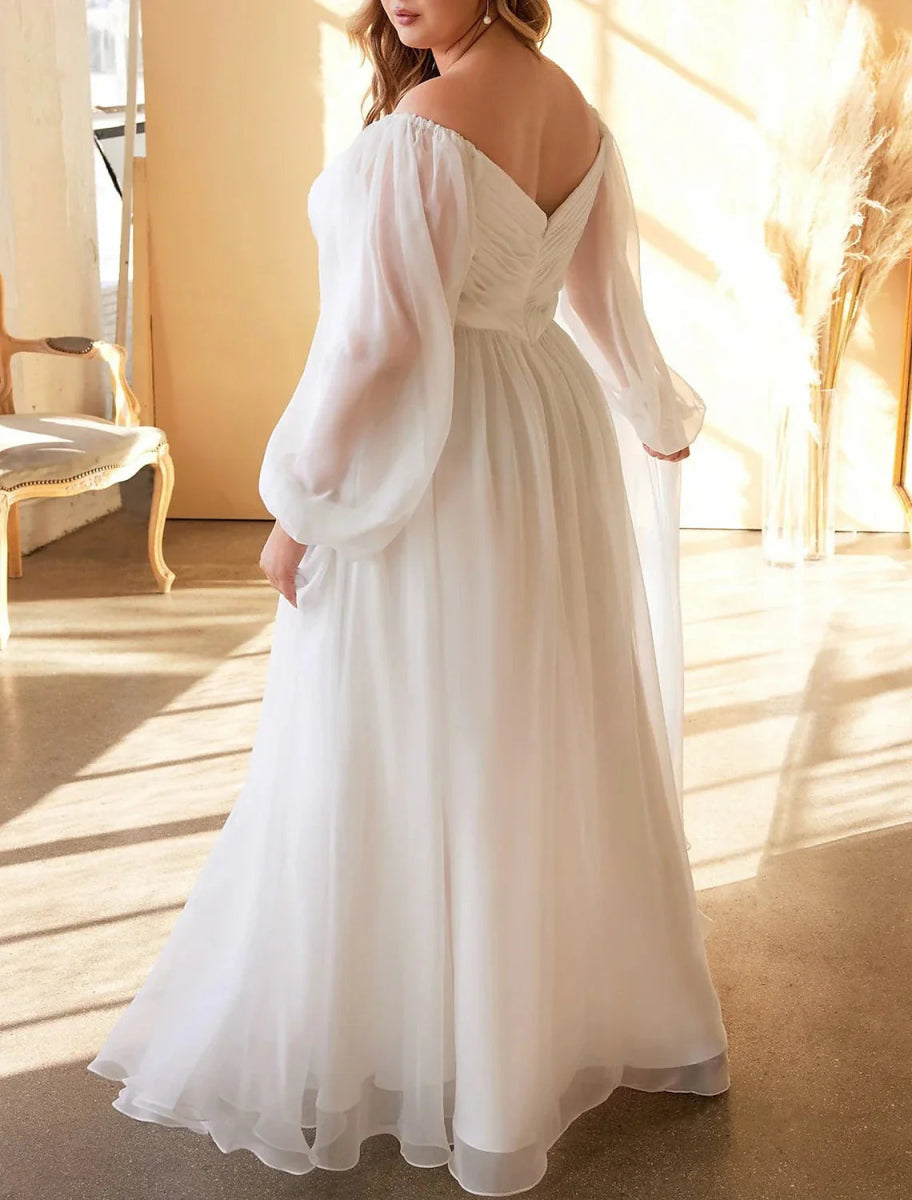 NumberSea - Beach Casual Wedding Dresses A - Line Off Shoulder Long Sleeve Floor Length Chiffon Bridal Gowns With Pleats Solid Color Summer Fall Wedding Party