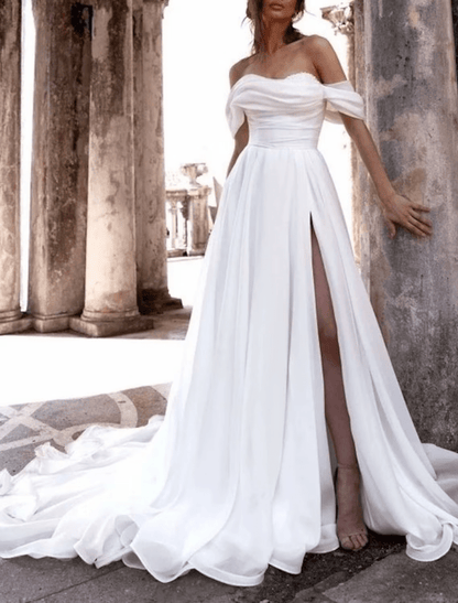 NumberSea - Beach Casual Wedding Dresses Chapel Train A - Line Sleeveless Off Shoulder Chiffon With Ruched Split Front