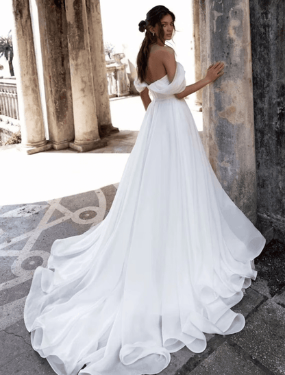 NumberSea - Beach Casual Wedding Dresses Chapel Train A - Line Sleeveless Off Shoulder Chiffon With Ruched Split Front