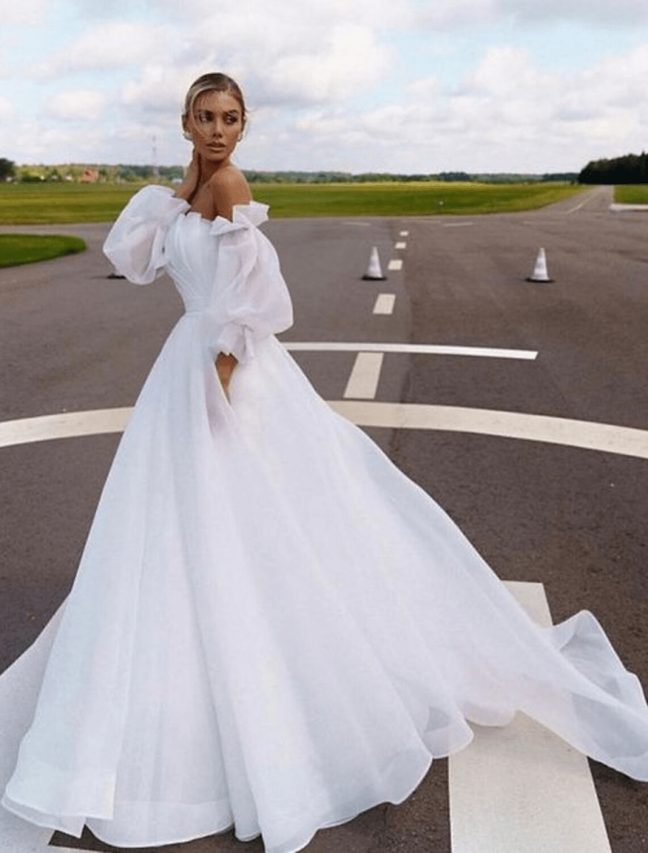 NumberSea - Beach Casual Wedding Dresses Court Train A - Line Long Sleeve Off Shoulder Organza With Solid Color