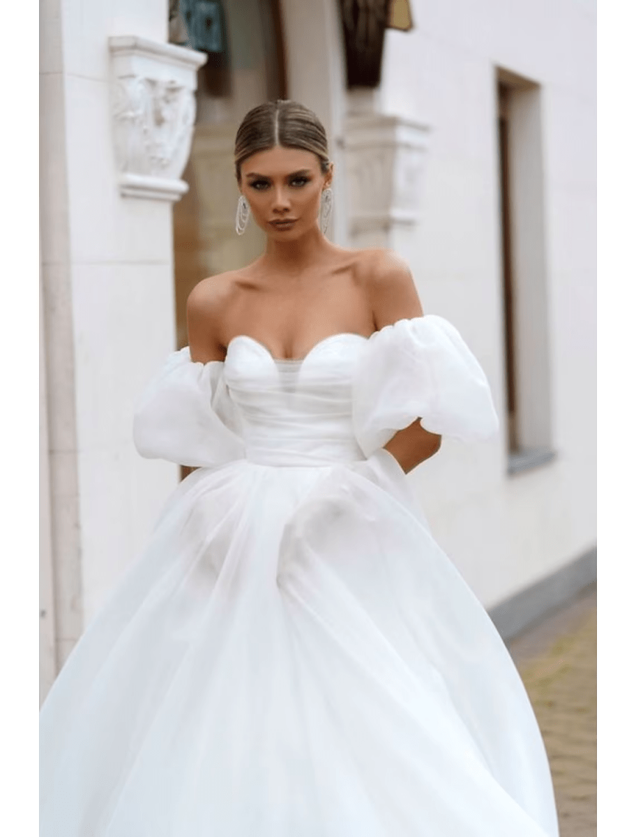 NumberSea - Beach Casual Wedding Dresses Court Train A - Line Short Sleeve Off Shoulder Satin With Solid Color