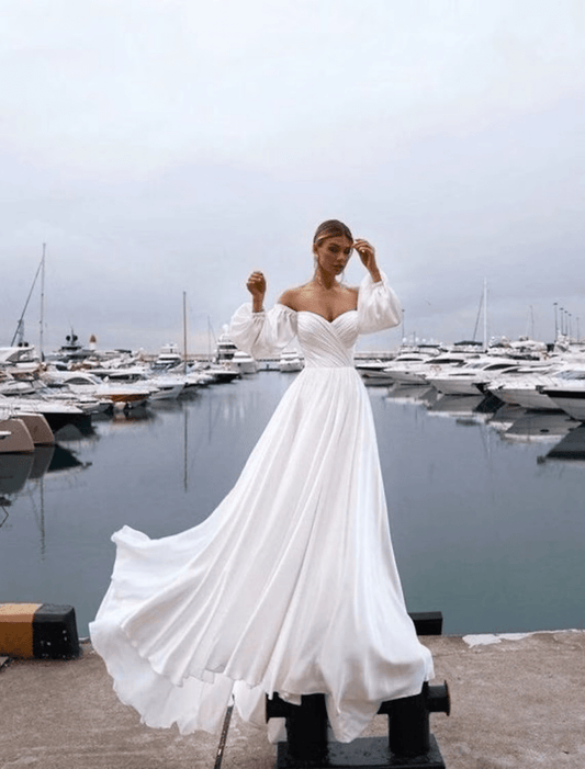 NumberSea - Beach Casual Wedding Dresses Sweep / Brush Train A - Line Long Sleeve Off Shoulder Chiffon With Ruched Solid Color