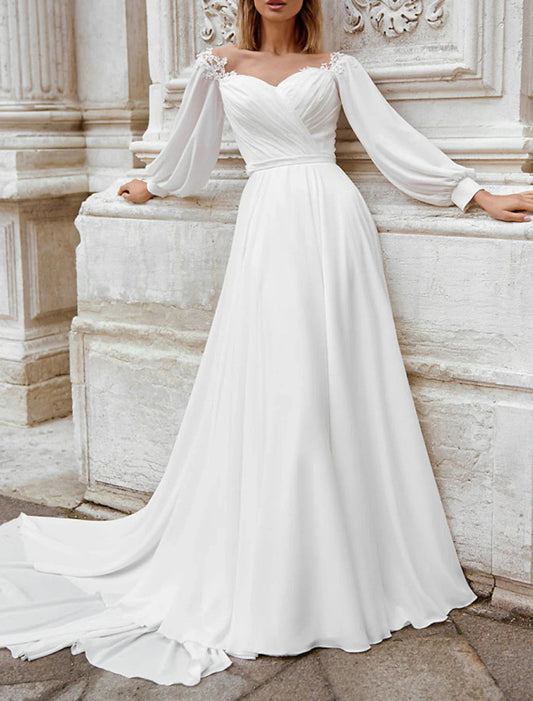 NumberSea - Beach Fall Wedding Dresses A - Line Off Shoulder Long Sleeve Court Train Chiffon Bridal Gowns With Appliques Solid Color