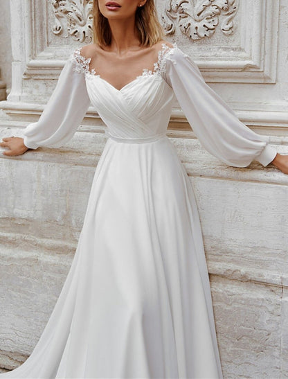 NumberSea - Beach Fall Wedding Dresses A - Line Off Shoulder Long Sleeve Court Train Chiffon Bridal Gowns With Appliques Solid Color