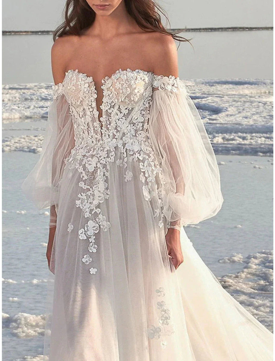 NumberSea - Beach Formal Wedding Dresses A - Line Off Shoulder Long Sleeve Court Train Lace Bridal Gowns With Appliques Summer Fall Wedding Party