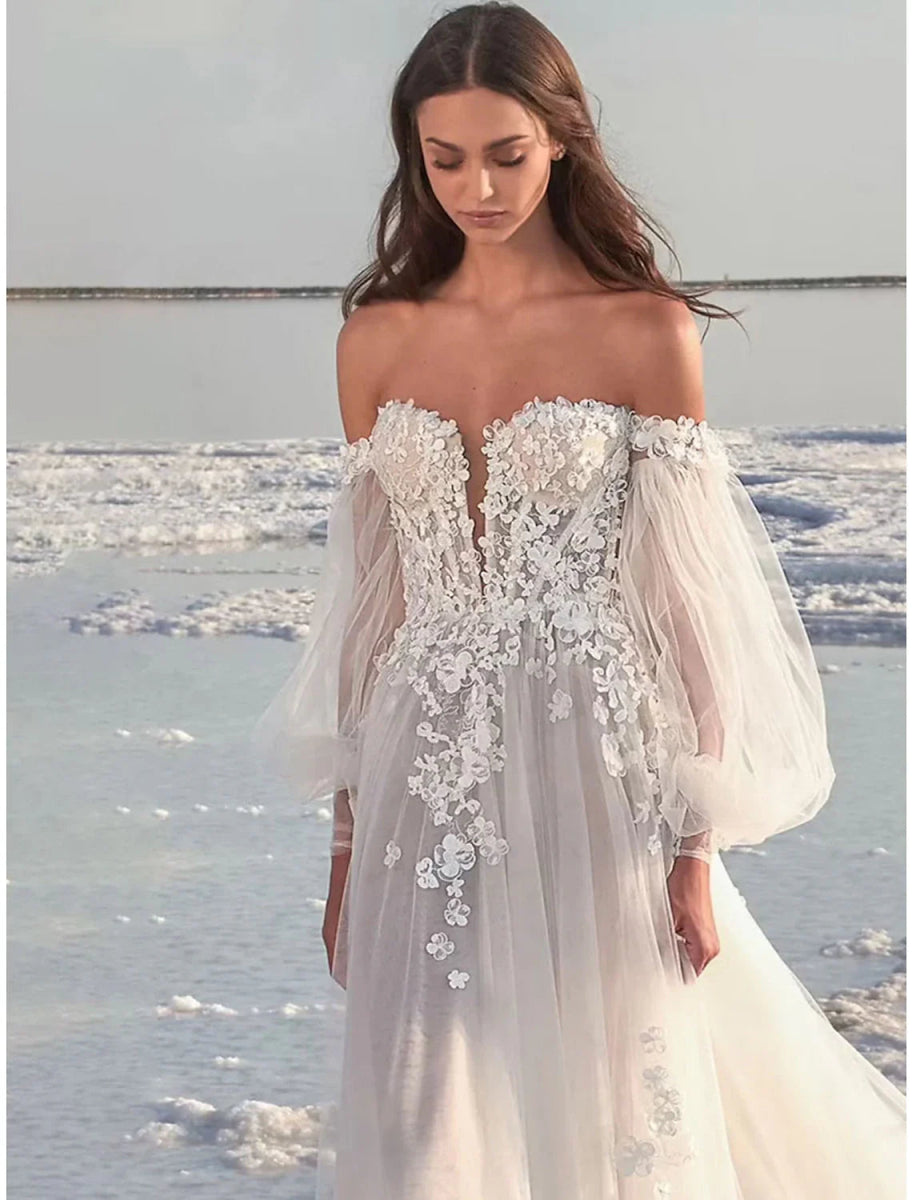 NumberSea - Beach Formal Wedding Dresses A - Line Off Shoulder Long Sleeve Court Train Lace Bridal Gowns With Appliques Summer Fall Wedding Party