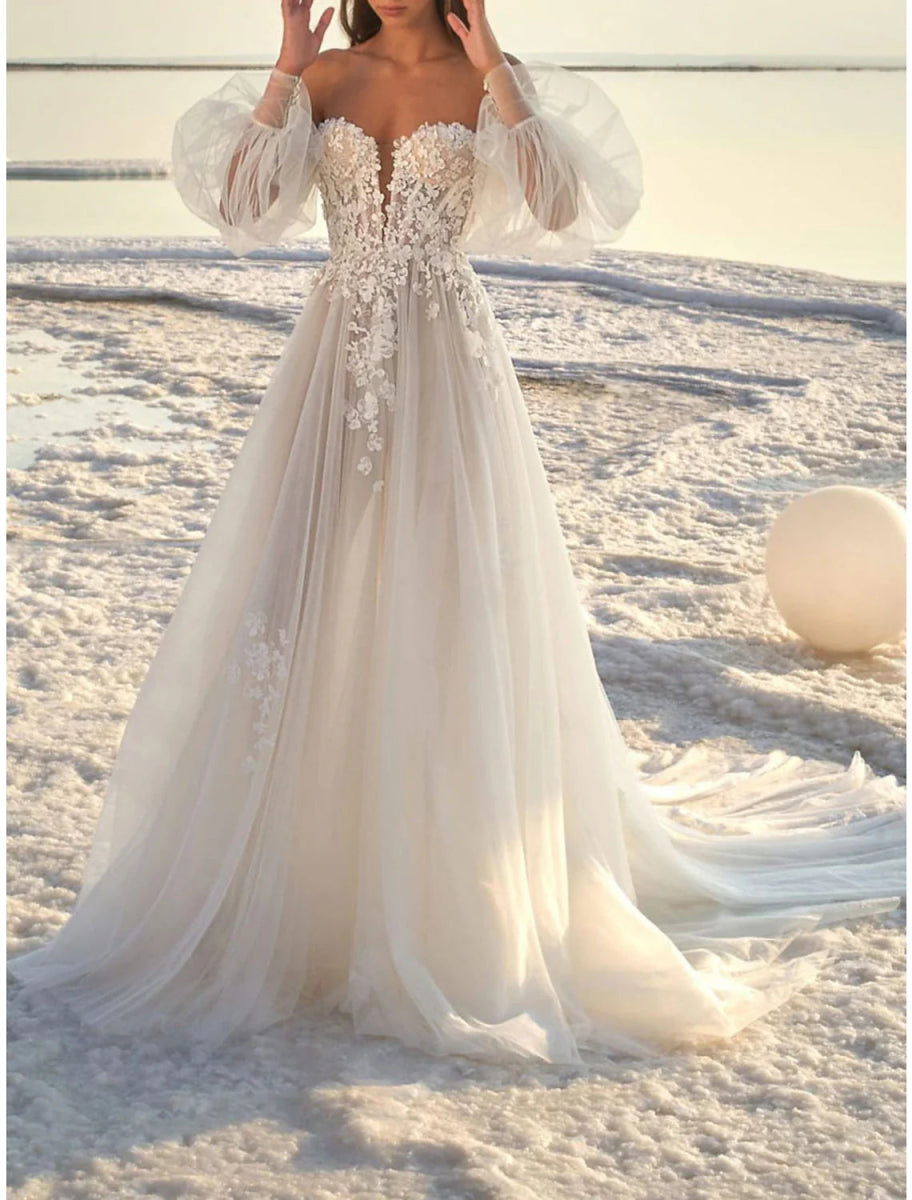 NumberSea - Beach Formal Wedding Dresses A - Line Off Shoulder Long Sleeve Court Train Lace Bridal Gowns With Appliques Summer Fall Wedding Party