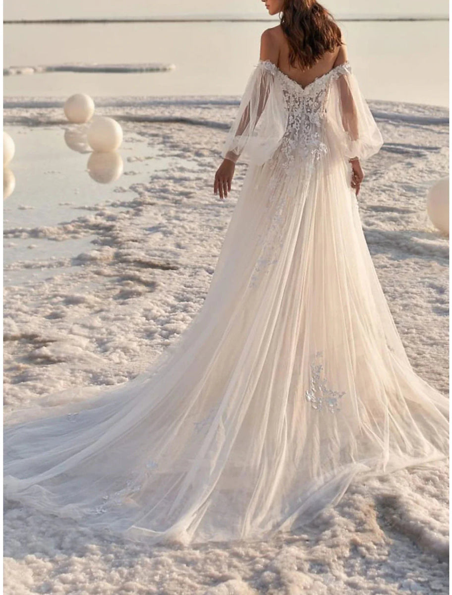 NumberSea - Beach Formal Wedding Dresses A - Line Off Shoulder Long Sleeve Court Train Lace Bridal Gowns With Appliques Summer Fall Wedding Party