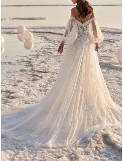 NumberSea - Beach Formal Wedding Dresses A - Line Off Shoulder Long Sleeve Court Train Lace Bridal Gowns With Appliques Summer Fall Wedding Party