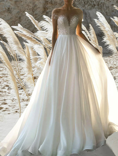 NumberSea - Beach Formal Wedding Dresses A - Line Off Shoulder Short Sleeve Court Train Chiffon Bridal Gowns With Pleats Beading