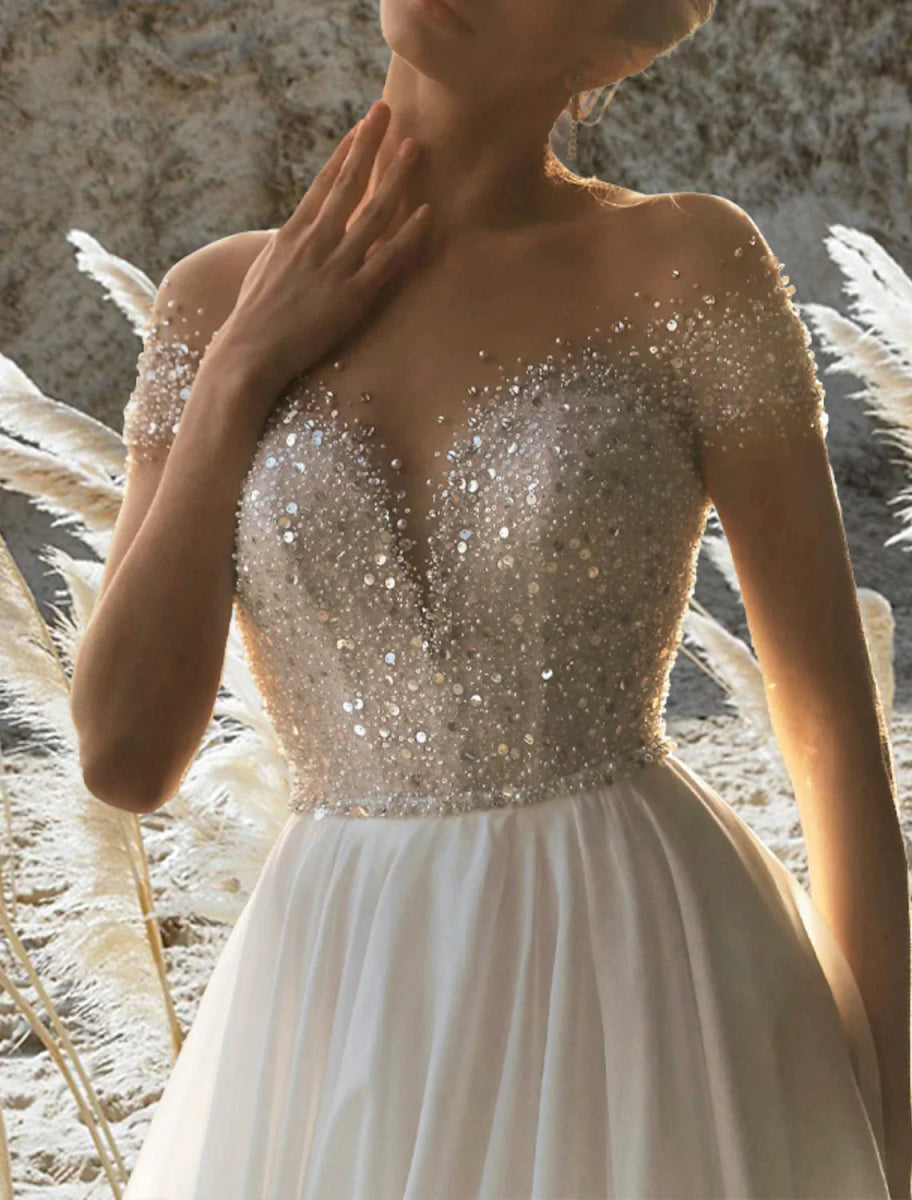 NumberSea - Beach Formal Wedding Dresses A - Line Off Shoulder Short Sleeve Court Train Chiffon Bridal Gowns With Pleats Beading