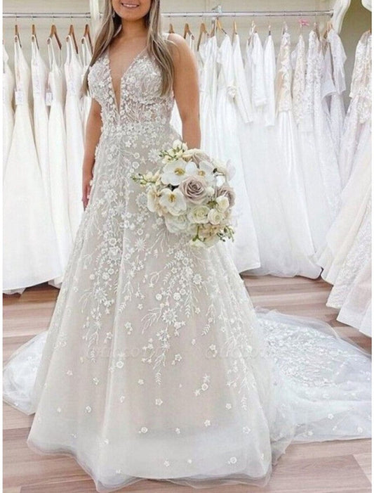 NumberSea - Beach Formal Wedding Dresses A - Line V Neck Sleeveless Court Train Lace Bridal Gowns With Pleats