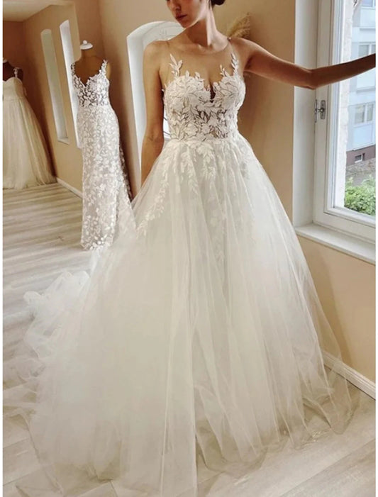 NumberSea - Beach Formal Wedding Dresses Ball Gown Illusion Neck Sleeveless Court Train Lace Bridal Gowns With Pleats