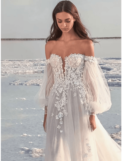 NumberSea - Beach Formal Wedding Dresses Court Train A - Line Long Sleeve One Shoulder Lace With Appliques