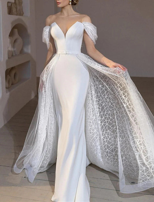 NumberSea - Beach Glitter & Sparkle Wedding Dresses Mermaid / Trumpet Off Shoulder Cap Sleeve Court Train Satin Bridal Gowns With Solid Color