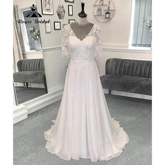 NumberSea - Beach Lace Bodice Chiffon V Neck Women Backless Wedding Dress with Short Sleeve 2024 Bridal Gown Sweep Vestido Novia NumberSea