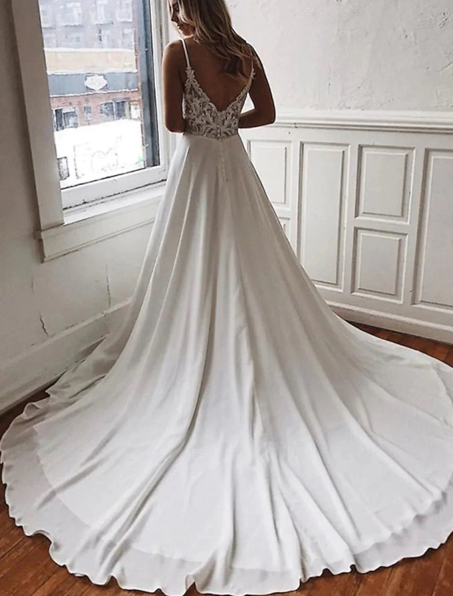 NumberSea - Beach Open Back Boho Wedding Dresses A - Line Camisole V Neck Spaghetti Strap Chapel Train Chiffon Bridal Gowns With Appliques Solid Color