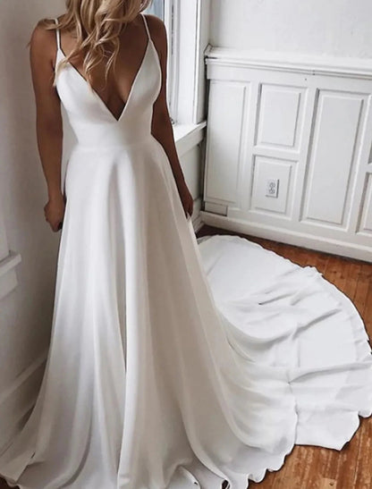 NumberSea - Beach Open Back Boho Wedding Dresses A - Line Camisole V Neck Spaghetti Strap Chapel Train Chiffon Bridal Gowns With Appliques Solid Color