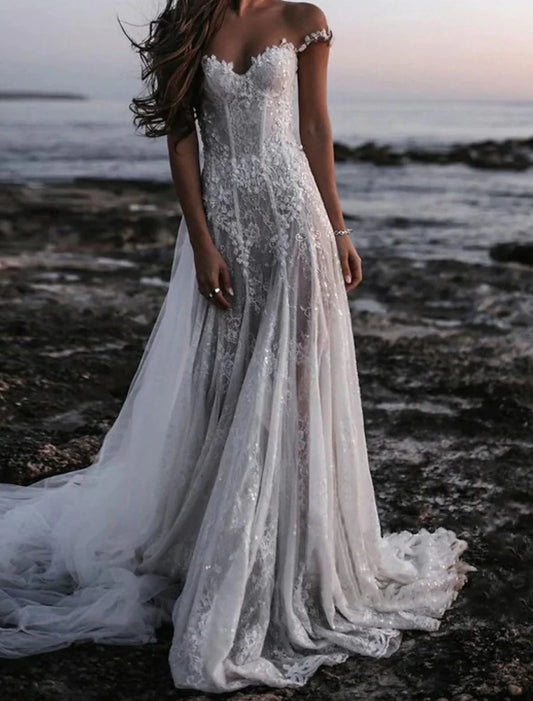 NumberSea - Beach Open Back Boho Wedding Dresses A - Line Off Shoulder Cap Sleeve Court Train Lace Bridal Gowns With Appliques Solid Color Summer Fall Wedding Party