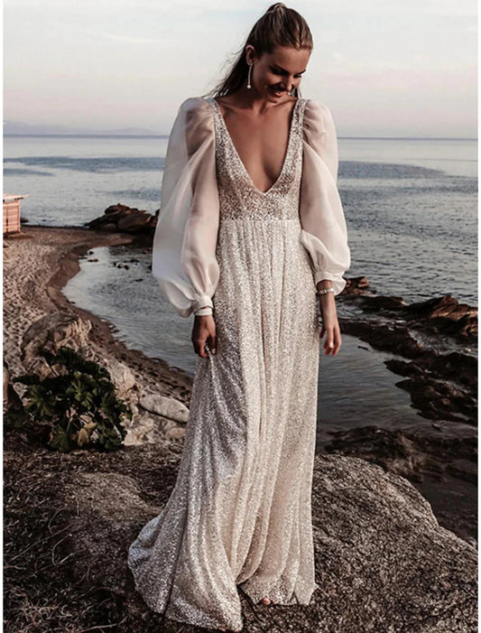 NumberSea - Beach Open Back Boho Wedding Dresses A - Line V Neck Long Sleeve Sweep / Brush Train Sequined Bridal Gowns With Pleats