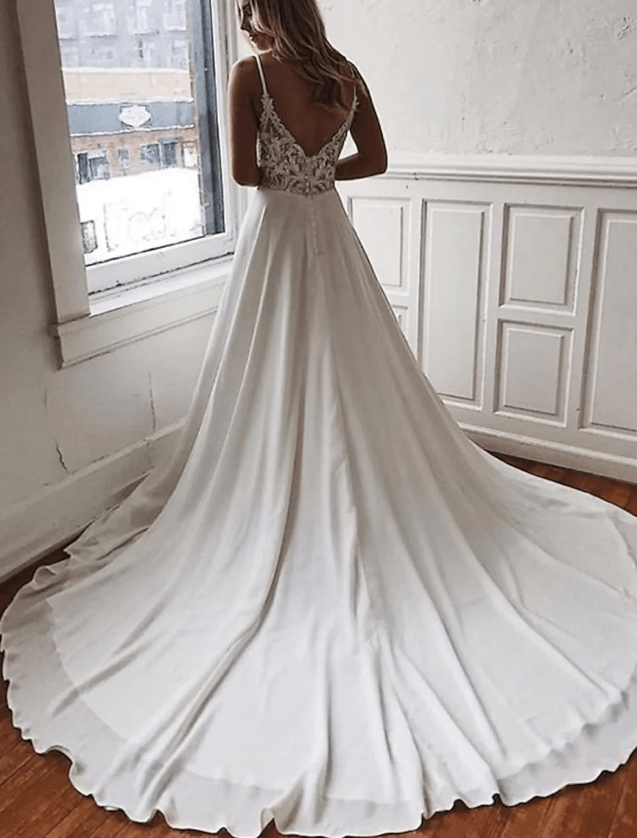 NumberSea - Beach Open Back Boho Wedding Dresses Chapel Train A - Line Sleeveless Spaghetti Strap Chiffon With Appliques Solid Color