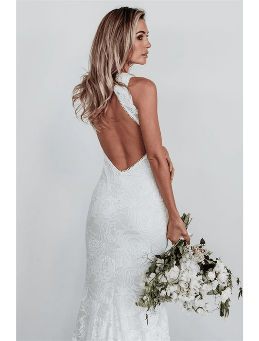 NumberSea - Beach Open Back Boho Wedding Dresses Chapel Train Mermaid / Trumpet Sleeveless Halter Lace With Appliques Solid Color