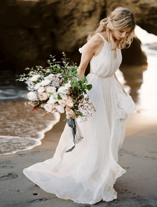 NumberSea - Beach Open Back Boho Wedding Dresses Court Train A - Line Sleeveless Halter Chiffon With Solid Color