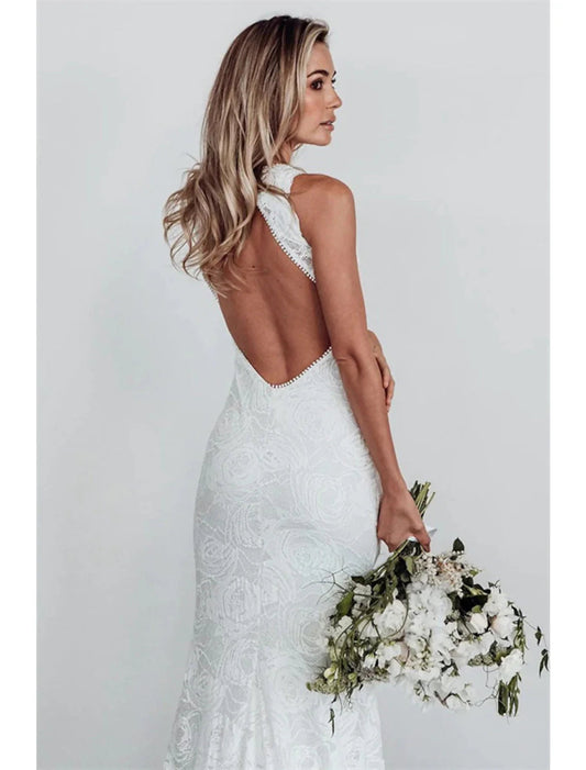 NumberSea - Beach Open Back Boho Wedding Dresses Mermaid / Trumpet Halter Sleeveless Chapel Train Lace Bridal Gowns With Appliques Solid Color Summer Fall Wedding Party