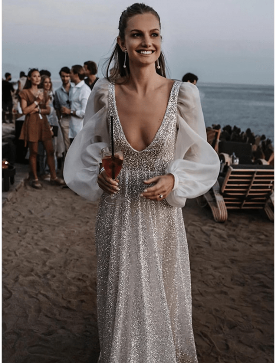 NumberSea - Beach Open Back Boho Wedding Dresses Sweep / Brush Train Sheath / Column Long Sleeve V Neck Sequined With Pleats