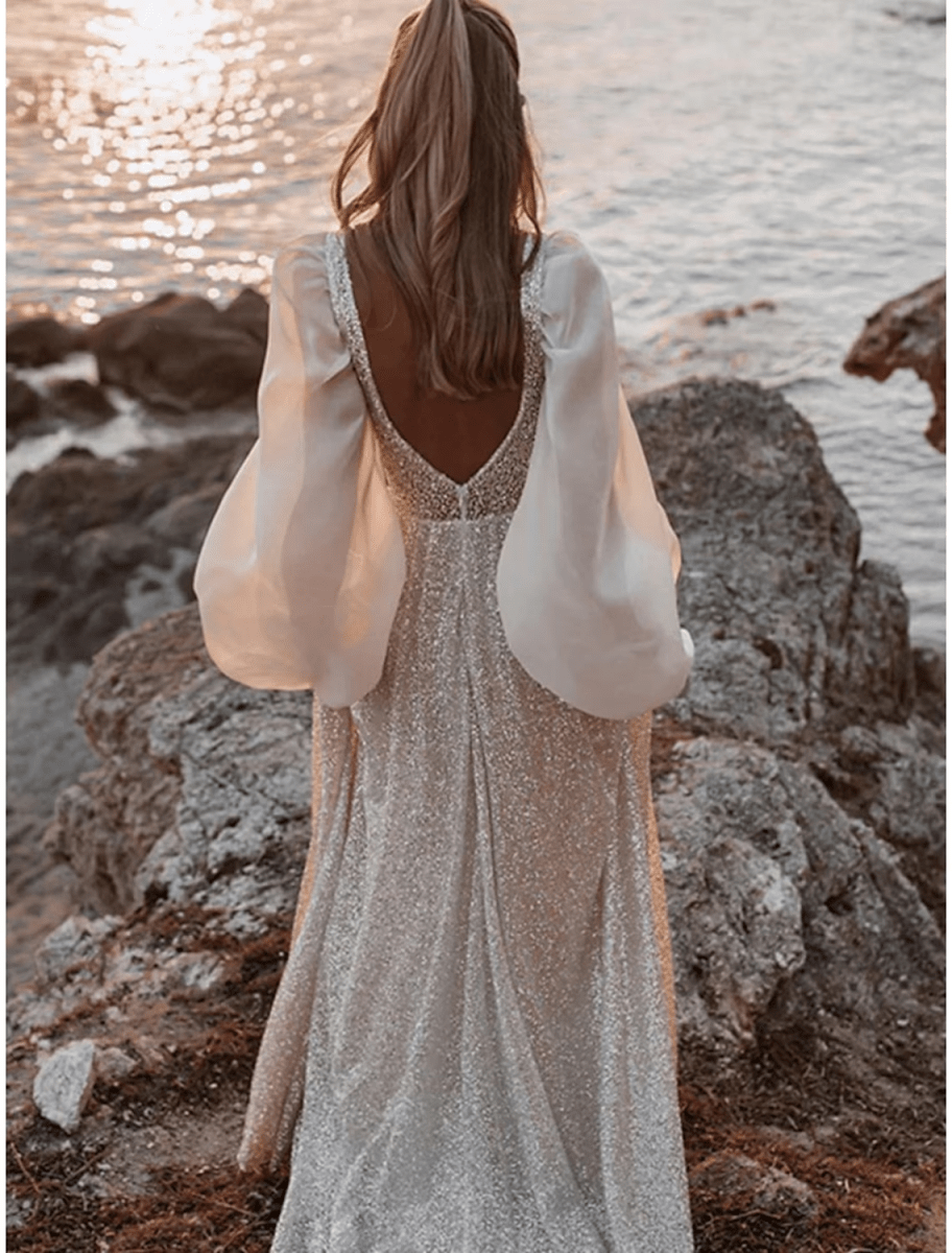 NumberSea - Beach Open Back Boho Wedding Dresses Sweep / Brush Train Sheath / Column Long Sleeve V Neck Sequined With Pleats