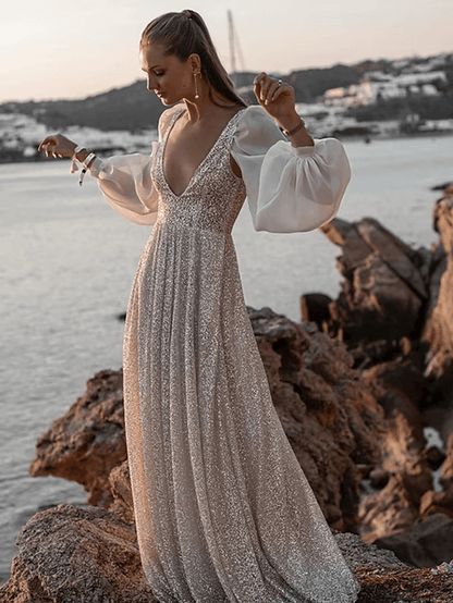 NumberSea - Beach Open Back Boho Wedding Dresses Sweep / Brush Train Sheath / Column Long Sleeve V Neck Sequined With Pleats