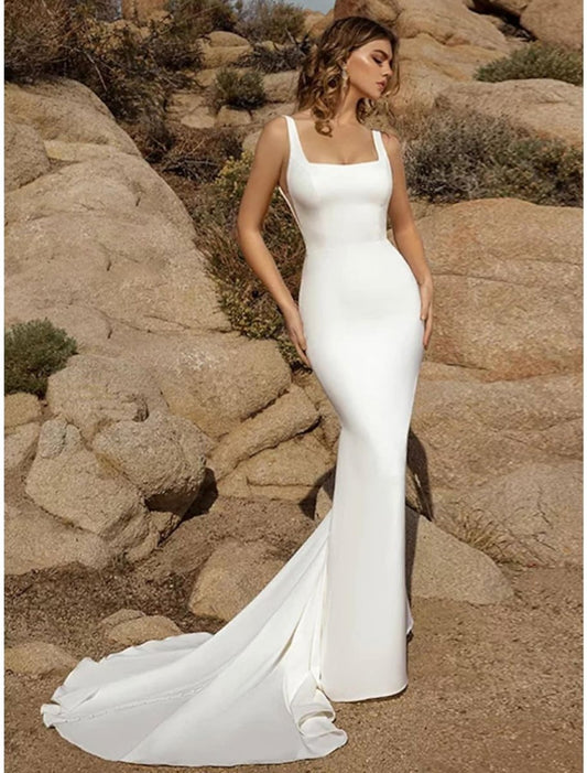 NumberSea - Beach Open Back Casual Wedding Dresses Court Train Mermaid / Trumpet Sleeveless Square Stretch Fabric With Buttons Solid Color