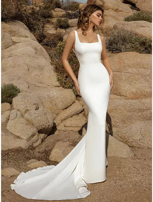 NumberSea - Beach Open Back Casual Wedding Dresses Mermaid / Trumpet Square Neck Sleeveless Court Train Stretch Fabric Bridal Gowns With Buttons Solid Color