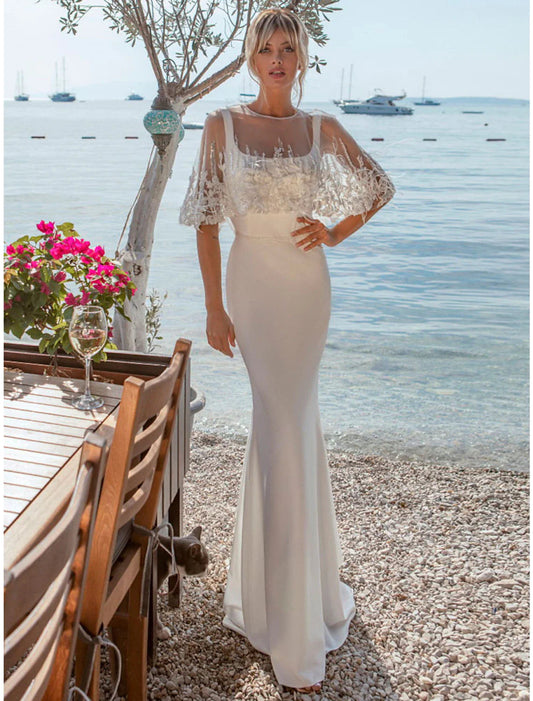 NumberSea - Beach Open Back Casual Wedding Dresses Mermaid / Trumpet Square Neck Sleeveless Sweep / Brush Train Satin Bridal Gowns With Buttons Beading